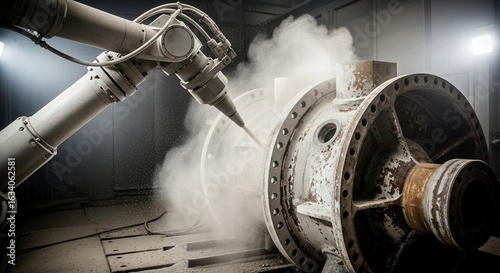 Automated Robotic Arm Sandblasting Large Industrial Component in Factory