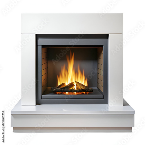 Stylish fireplace with a bright burning fire, isolated on white background