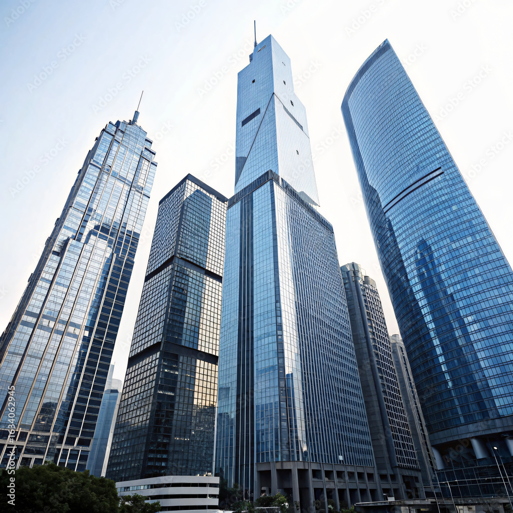 Fototapeta premium Modern glass skyscrapers reaching towards a bright sky in a bustling cityscape