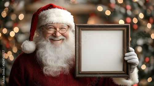 Jolly figure in red suit holding an empty frame, set against a festive background of twinkling lights and decorated trees