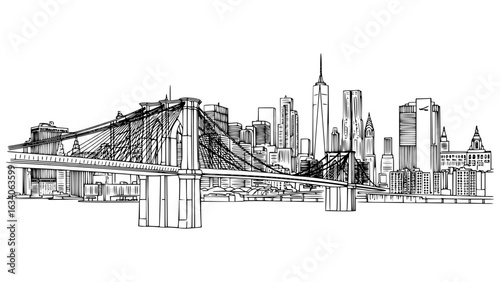 Brooklyn Bridge with New York Skyline Outline Stroke Illustration