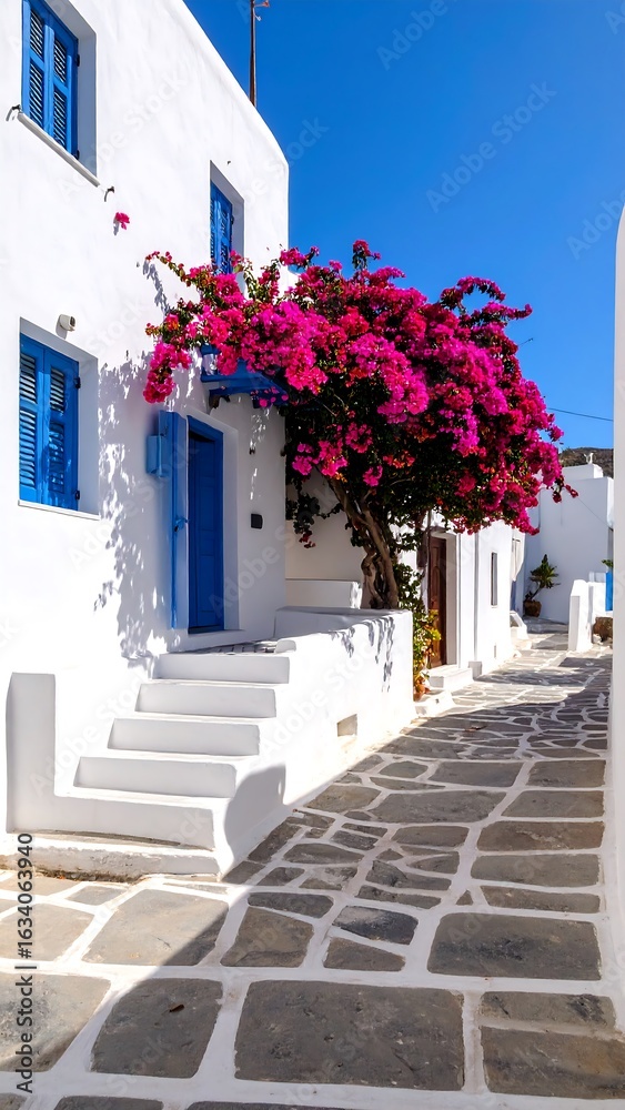 Naklejka premium Whitewashed alleyway with vibrant flowers