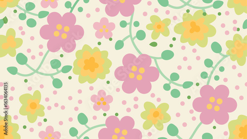 Pastel floral pattern featuring pink and yellow flowers with green vines and scattered pink polka dots design