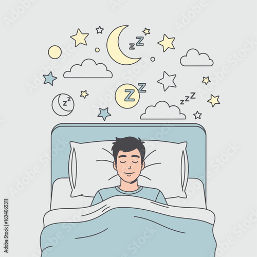 A serene illustration of a man sleeping in bed, surrounded by whimsical dream symbols like stars and moons.