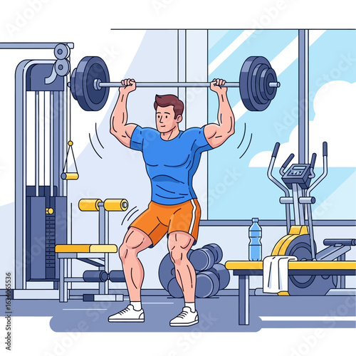 A strong, muscular man in athletic wear performing an overhead press with a heavy barbell inside a modern gym.