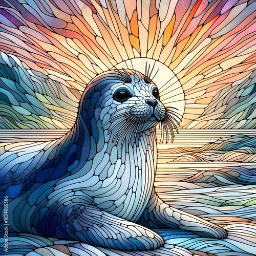 하프물범, 스테인드 글라스 기법 일러스트, jpeg (Harp seal, Stained Glass Techniques Design Illustration, jpeg)