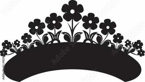 Silhouette of a floral arrangement with several flowers and leaves on a curved base spanning the width