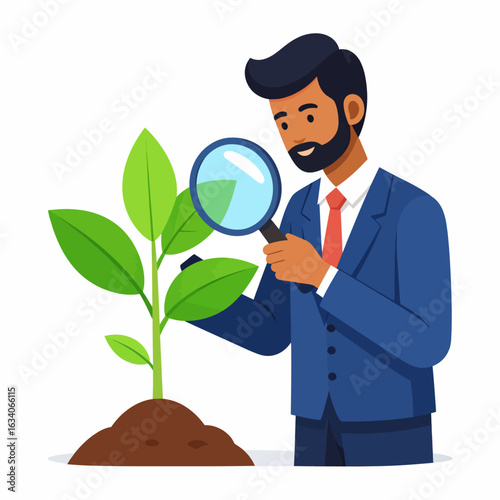 A focused businessman in a suit examines a healthy green seedling growing from rich soil with a magnifying glass, symbolizing growth and careful observation.