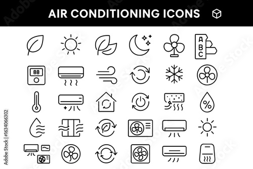 Air Conditioning Line Icons – HVAC, Cooling, Heating, Ventilation, Thermostat, and Climate Control Symbols

