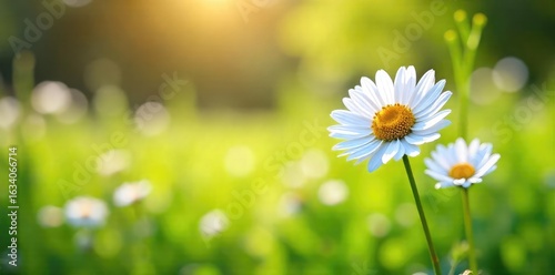 Delicate chamomile flowers blooming in a vibrant spring meadow, bathed in soft sunlight Perfect for themes of nature, tranquility, and springtime freshness , tranquility, sunlight