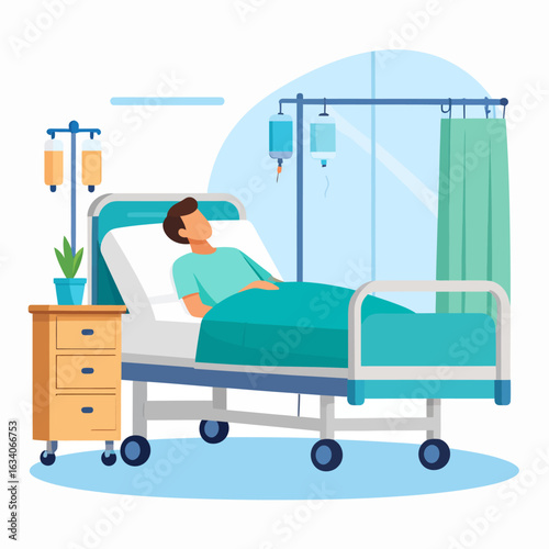 An illustration depicting a male patient resting in a hospital bed with an intravenous drip, surrounded by medical equipment.