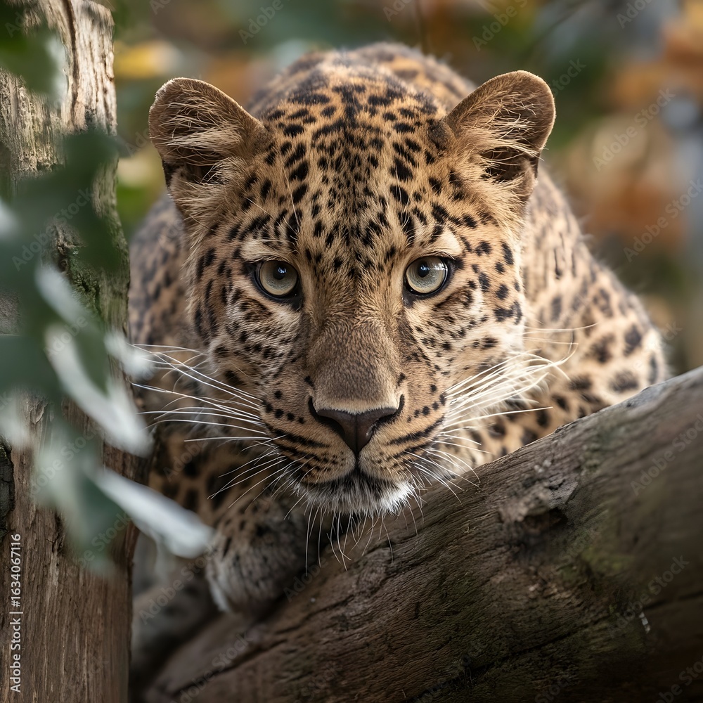 Fototapeta premium Leopard Staring Straight: A captivating portrait of a majestic leopard, its piercing gaze fixed directly at the viewer, resting on a branch, showcasing the raw beauty of nature.