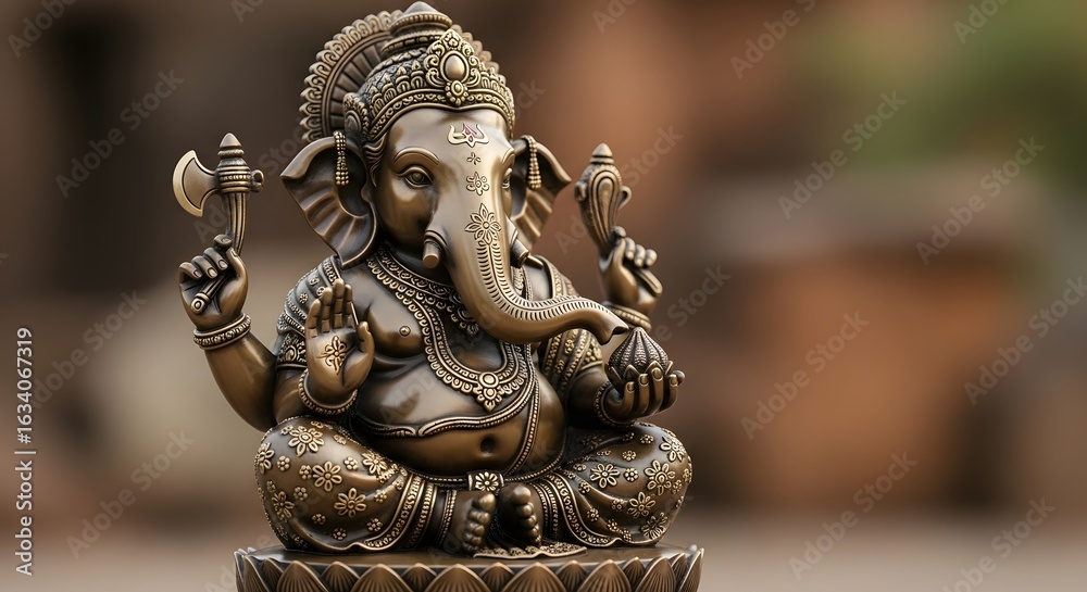 Fototapeta premium Bronze Ganesha Statue: Detailed Hindu Deity Idol for Wisdom, Prosperity, and New Beginnings