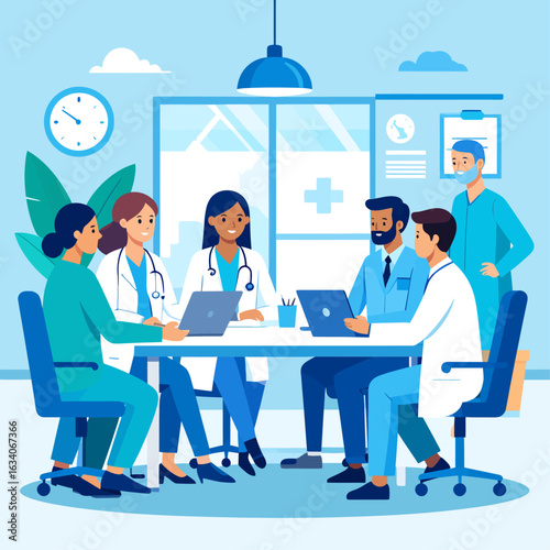 A diverse group of medical professionals collaborating during a meeting in a modern healthcare office.