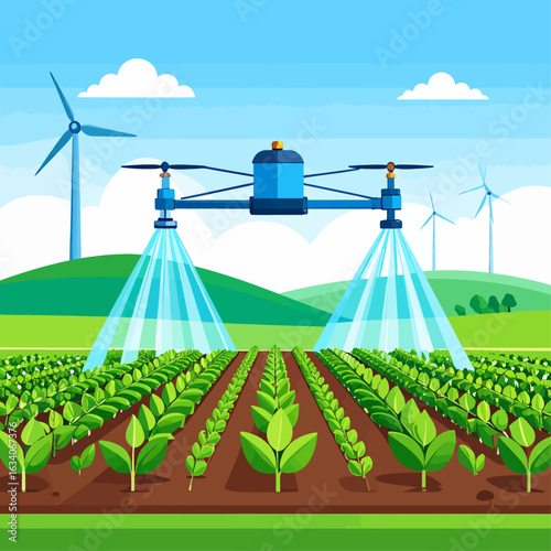 A drone spraying crops in a field, showcasing agricultural technology and modern farming practices.