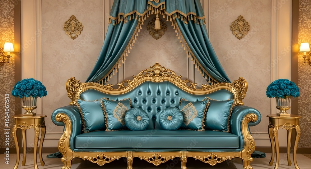 Fototapeta premium Luxury Blue and Gold Sofa Interior Design Photo