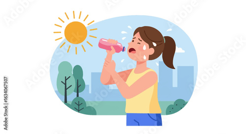 Hot Weather Vector Illustration – Flat Design Cartoon of Sweating Girl Drinking Water Under the Sun