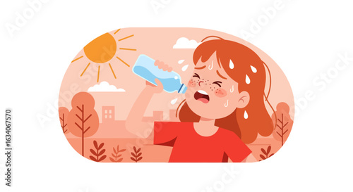 Hot Weather Vector Illustration – Flat Design Cartoon of Sweating Girl Drinking Water Under the Sun
