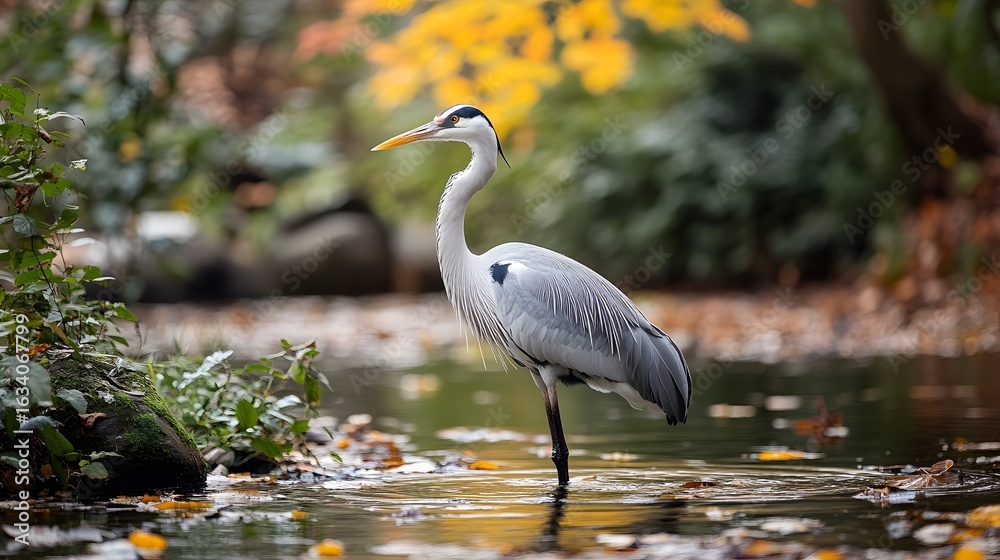 Naklejka premium Heron wading in a calm river surrounded by lush greenery during a sunny afternoon