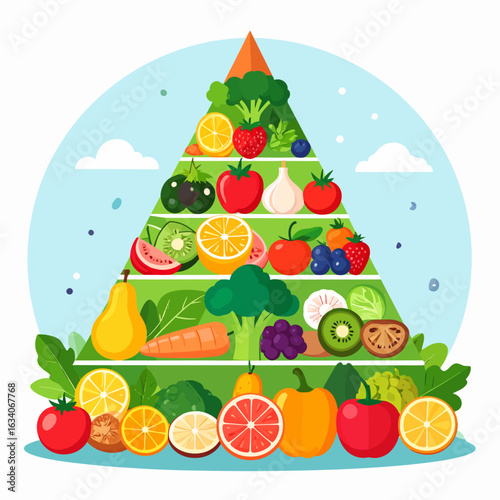 Vibrant illustration of a nutritional food pyramid, showcasing a variety of fresh fruits and vegetables for a balanced diet.