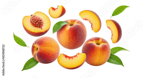 Fresh peaches sliced and whole with green leaves cutout isolated on transparent bg, png