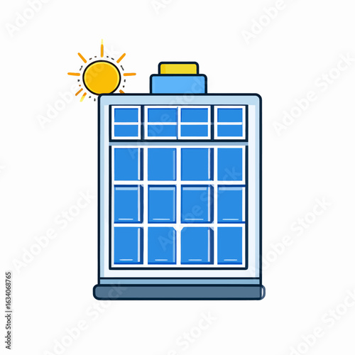 Building with solar panels on its roof, powered by sunlight.