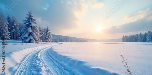 A pristine, snow-covered landscape lies still under the hushed quiet of a January morning The air is crisp, the sun low, casting long shadows across the untouched expanse , nature, calm