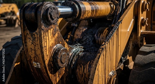 Close-up of Heavy Machinery Hydraulic System with Grease and Dirt