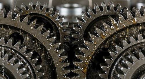 Close-up of Interlocking Gears with Oil Drops, Mechanical Engineering Detail