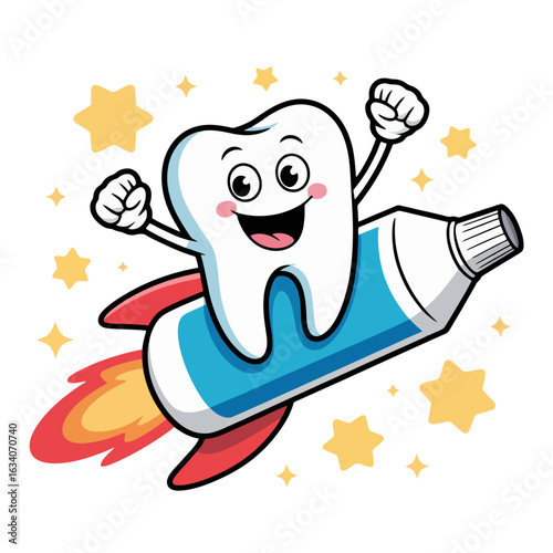 happy tooth riding toothpaste rocket with stars, dental hygiene concept, fun cartoon illustration for kids