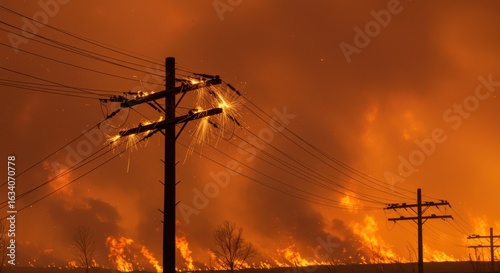 Electrical sparks fly from power lines amidst raging wildfire inferno