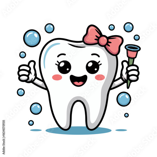 Cute cartoon tooth character with a pink bow holding a plunger and giving a thumbs up