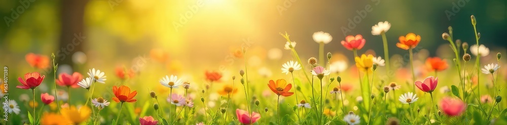 Fototapeta premium Gentle spring breeze dances through a field of wildflowers, bending delicate stems and scattering petals The sun shines warmly, creating a feeling of renewal and growth , beautiful, calm