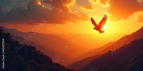 Silhouette of a bird soaring high above a dramatic, sun-drenched landscape, embodying freedom and spiritual transcendence Perfect for themes of hope, faith, and journey , silhouette, shadow, faith