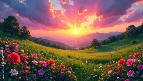 A vibrant sunrise paints the sky with warm hues, illuminating a peaceful landscape filled with blooming flowers and lush greenery The scene evokes a sense of serenity and joy , bloom, greenery