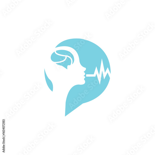 Conceptual logo of mind and speech, a human profile with brain and voice wave.