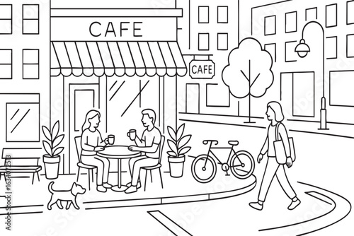 Line drawing of couple at a cafe terrace with urban surroundings and people walking nearby for kids to color. 