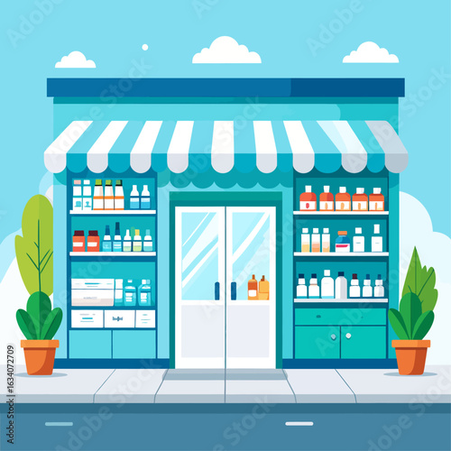 A cartoon pharmacy storefront, showcasing shelves of medicine and supplies.