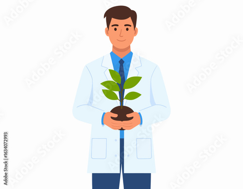 A friendly male scientist in a white lab coat carefully holds a young green plant with soil.