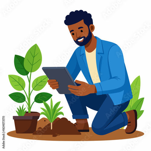 A smiling Black man kneels in a garden, using a digital tablet for smart farming and plant care.