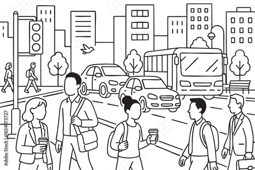 Vector illustration of people walking on a busy urban street with vehicles and traffic signs 