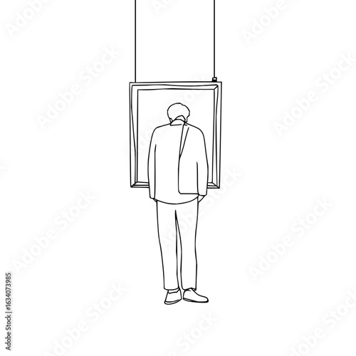 Vector line drawing of a person standing in front of a framed picture hanging from the ceiling in white space minimilist