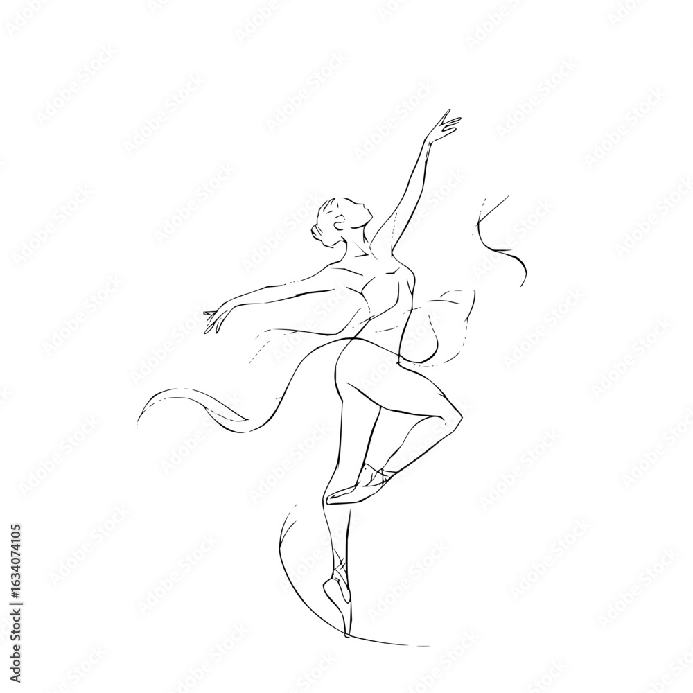 Fototapeta premium Vector elegant ballerina in expressive line art pose with flowing ribbons and graceful movement on white background minimilist