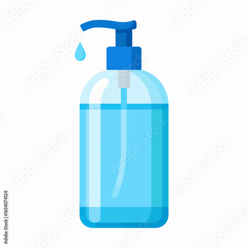 A transparent bottle of hand sanitizer with a blue pump dispensing a drop.
