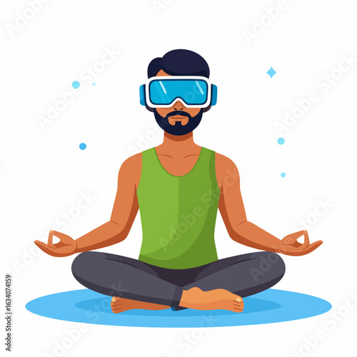 A man with a beard meditates in a lotus position while wearing a virtual reality headset.