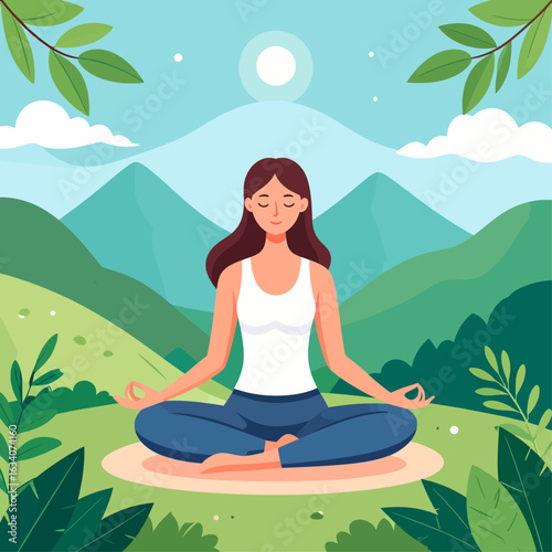 Woman meditating in lotus position outdoors with mountains, sun, and foliage creating a peaceful, natural scene.