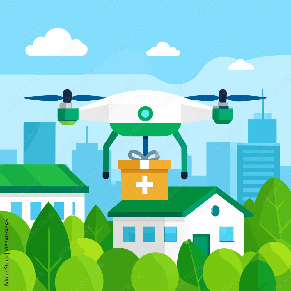 Naklejka premium A modern drone delivering a medical kit with a cross symbol, flying over houses and trees in a city.
