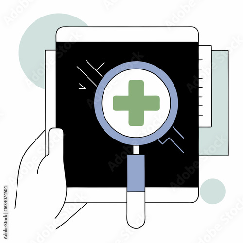 Hand holding magnifying glass with plus icon over tablet, symbolizing health and research