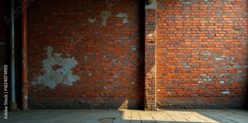 Distressed brick wall, rusted metal, shadowed alley,  vintage,  damaged,  alley