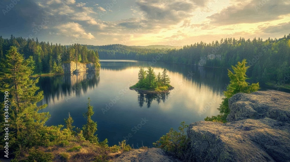 Fototapeta premium Mountain lake at sunset with island reflection 
